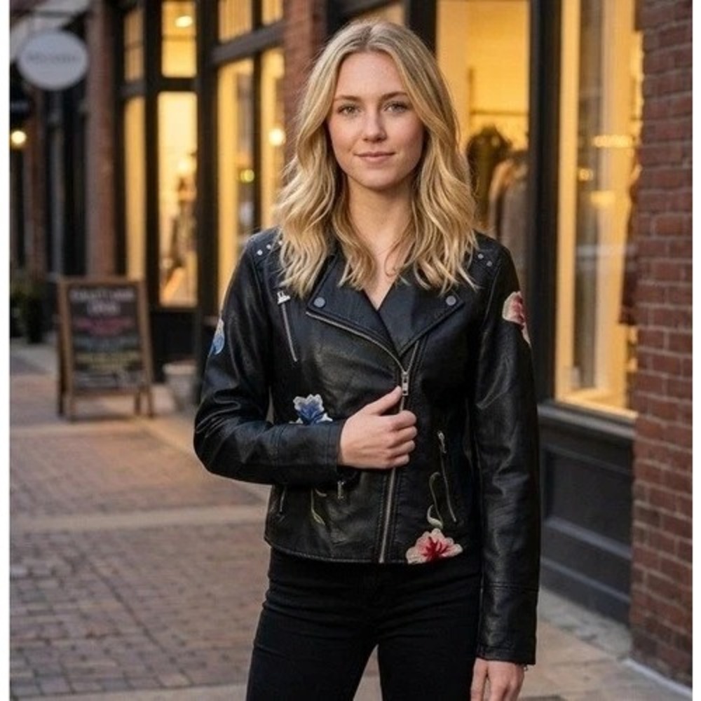 Ci Sono women L black faux leather moto jacket floral embroidery grunge gothic